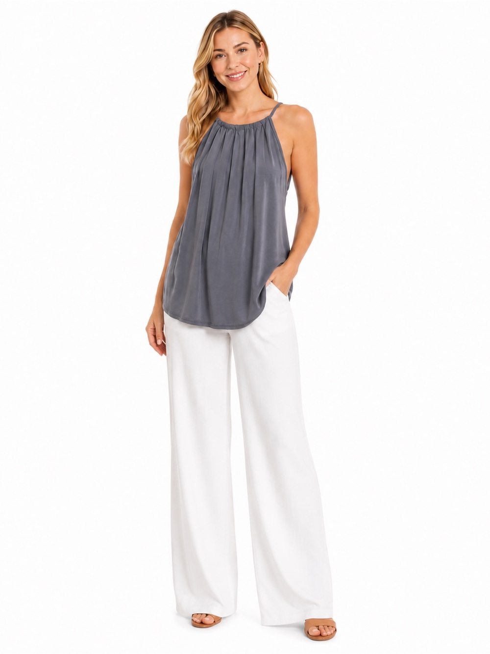 Green Envelope Gray Pleated Halter Tank Top Size L, EUC